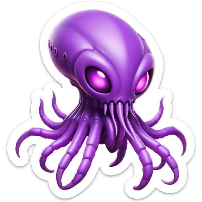 Clash of Clans aesthetic: Cinematic fierce Zerg Alien Emoji, rendered in a 3D vector-style similar to standard emojis with minimal shading and bold, simplified shapes. A compact, isometric, otherworldly creature with insectoid, organic details and subtle, eerie tentacles, softly glowing with a sinister alien charm. Simplified yet unmistakably iconic, highly detailed and consistent, glowing with a soft, spectral radiance and high shine. Stylized with a touch of bio-engineered mischief and a soft glowing outline, capturing the essence of a fearsome extraterrestrial menace with a playful twist! sticker