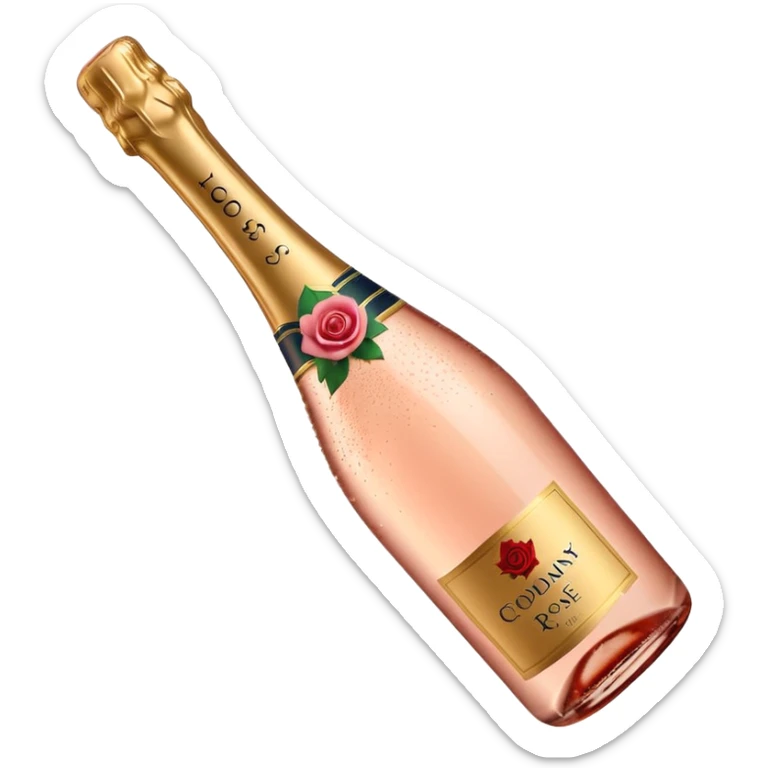 bottle of sparkling rosé champagne with a rose logo on the label, with the cork popping out from the top, tilted up and to the left, no glass sticker