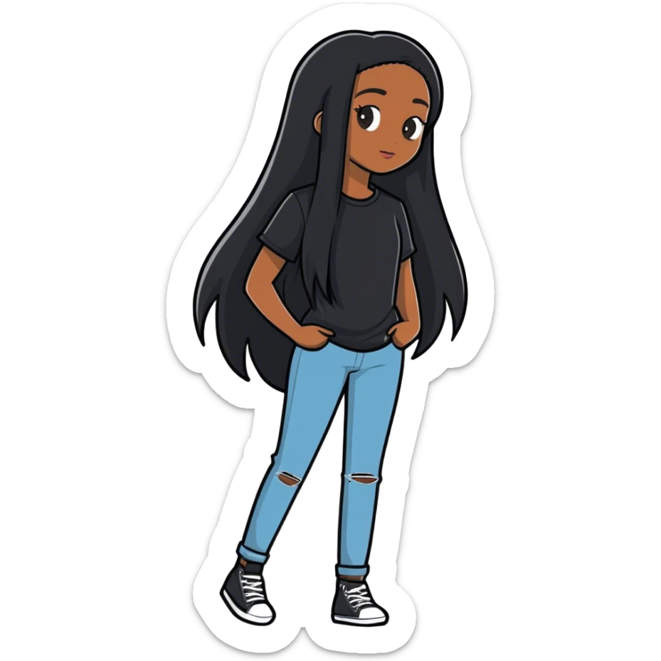 Black girl with black long straight hair wearing a black shirt  sticker