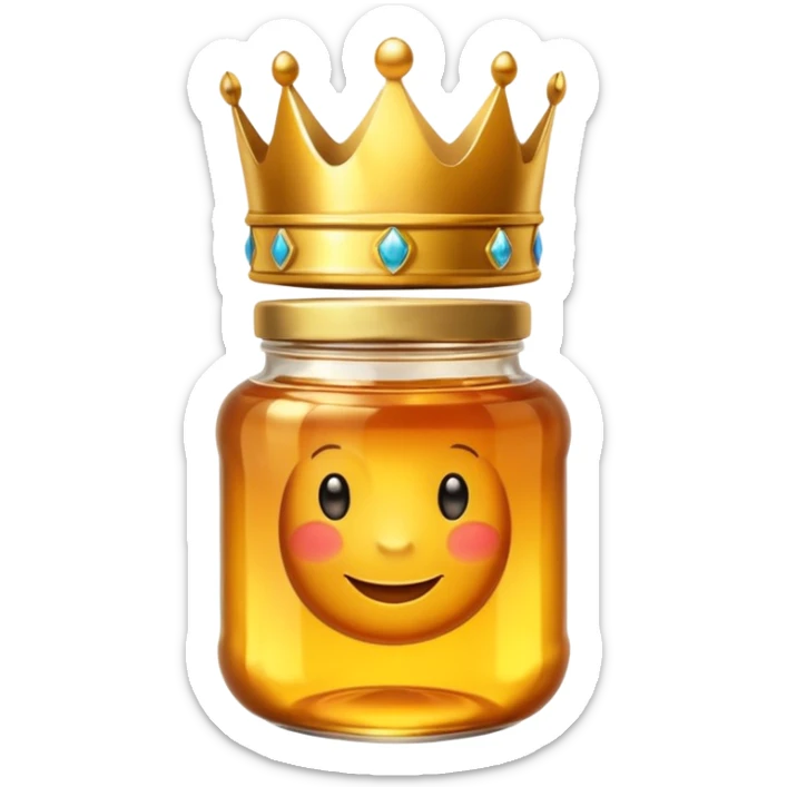 Honey jar filled with golden thick liquid, on top of the jar a big crown sticker