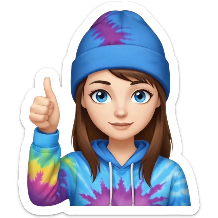White woman with buzzed brown hair and a side bang on her face under a black beanie. i want her to have blue eyes with long eyelashes and tiedye hoodie. i would like for her to be doing a thumbs up with one hand  sticker