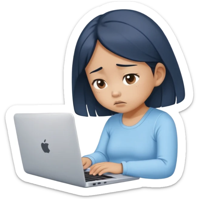 Create an emoji of a tired girl of Asian descent in a baby blue top, sitting at a laptop, looking exhausted and frustrated. They have slouched posture, representing overwork and burnout. sticker