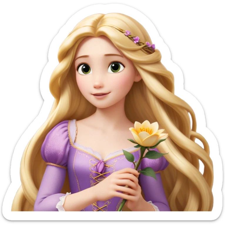 Cinematic Realistic Rapunzel Portrait, with porcelain-like skin featuring a subtle, natural glow, illuminated by soft lighting that brings out the gentle contours of her face. Her long, golden blonde hair cascades in detailed waves, each strand highlighted with a radiant shimmer as it catches the light. She playfully holds a flower in one hand, her other hand resting casually in her lap, with a warm and spirited expression. Her bright, expressive green eyes exude curiosity and warmth, framed by delicate lashes and soft, arched brows. She is dressed in her classic lavender and pink gown, the fabric textured with delicate folds that flow naturally, catching the light with a soft, radiant glow. The portrait captures a luminous, enchanting aura, seamlessly blending realism with a whimsical, fairytale charm, evoking a timeless sense of beauty and magic. sticker