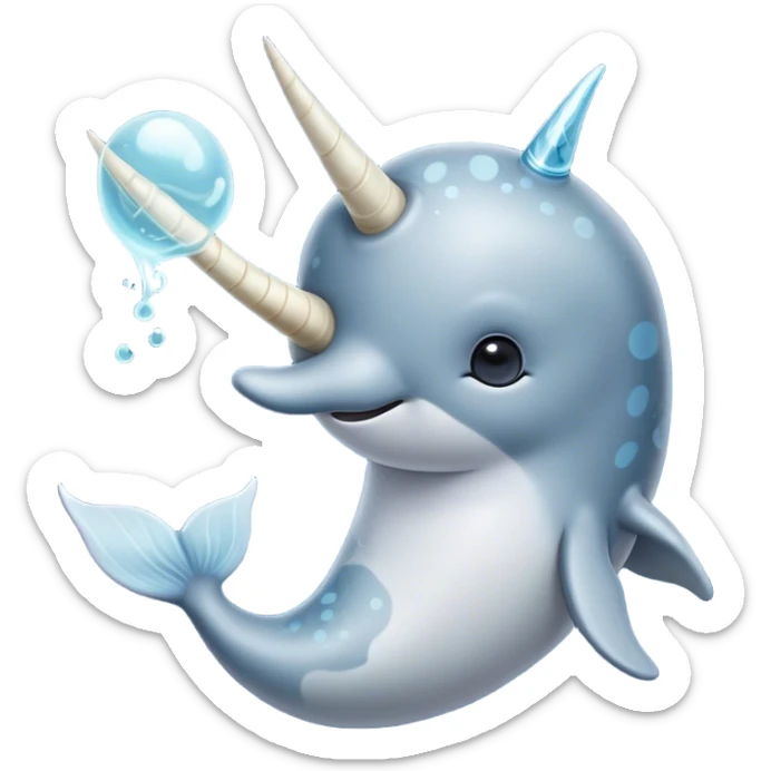 Cinematic Noble Narwhal Portrait Emoji, Poised and majestic, with a robust, streamlined body draped in mottled, silvery-gray skin, featuring a long, spiraled, ivory tusk and deep, thoughtful eyes that exude ancient oceanic wisdom, Simplified yet sharp and sophisticated features, highly detailed, glowing with a soft, ethereal arctic glow, high shine, intelligent and enigmatic, stylized with an air of mythical marine grandeur, focused and graceful, soft glowing outline, capturing the essence of a watchful and confident sea unicorn that appears ready to glide out of the screen with timeless authority! sticker