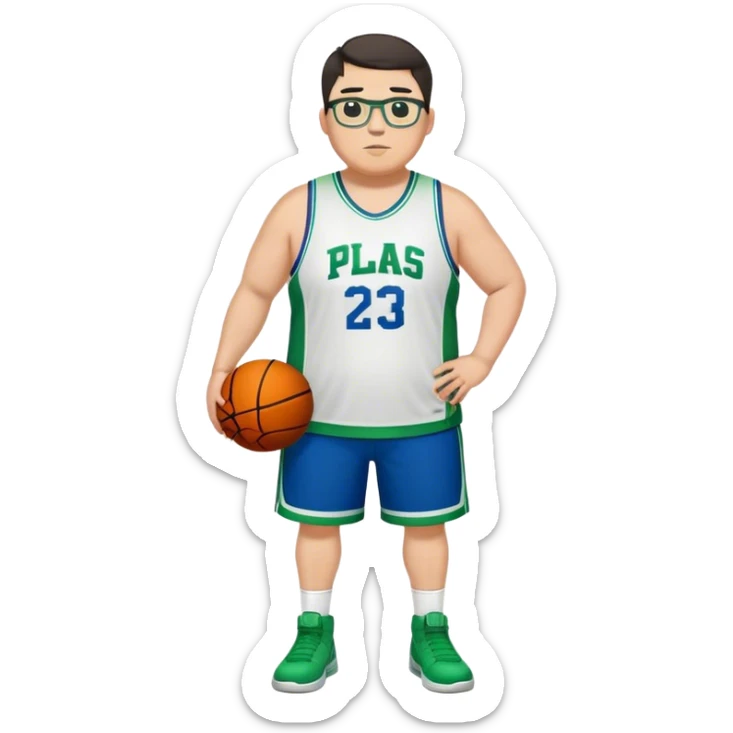 Full Body plus size white male with dark short hair basketball player wearing glasses wearing blue green uniform sticker
