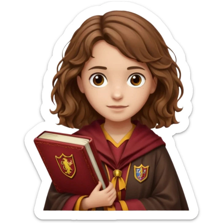 Illustrate Hermione Granger with wavy brown hair, Gryffindor robe & holding a book or wand sticker