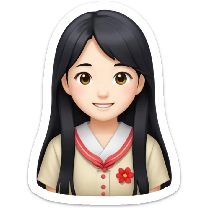 Happy Japanese schoolgirl with long black hair and blushing face sticker