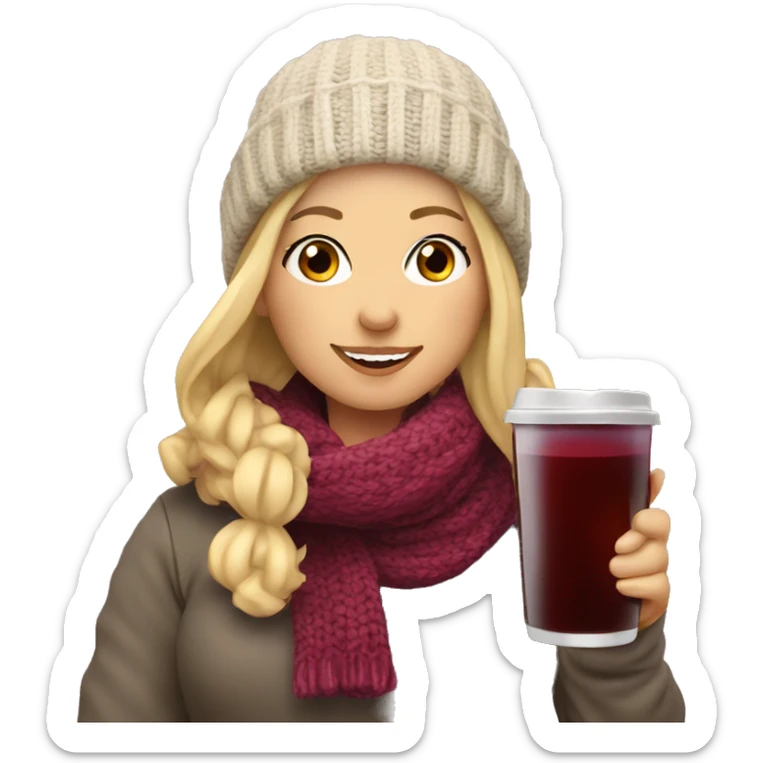 Woman with blonde Hair, wearing a scarf and Knit hat. Shes holding hot cup with mulled wine  sticker