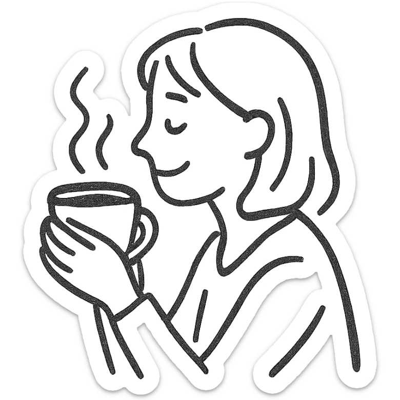 hand-drawn pen sketch emoji of a woman in side view, enjoying coffee, smiling softly, holding a steaming cup with both hands, minimal color or just black lines, simple and casual, relaxed, cozy atmosphere, clear facial expression sticker