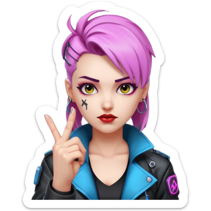 Woman with her tongue out in cyberpunk clothing and giving the middle finger. Looking naughty. sticker