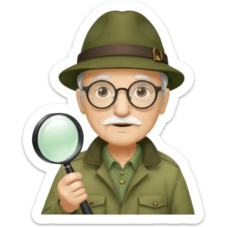 old man in beige moss green explorer outfit, wear black glass, hat, holding magnifying glass sticker