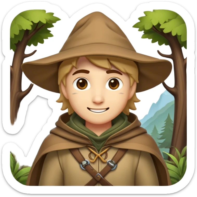 Clash of Clans aesthetic Playful Ranger Portrait Emoji, Head tilted with a friendly, mischievous smile and bright, curious eyes, featuring a compact, nimble build outfitted in rugged, earthy gear and a stylish cloak, his natural skin tone adding authenticity, Simplified yet irresistibly charming features, highly detailed, glowing with a warm, inviting forest glow, high shine, spirited and lively, stylized with an air of whimsical woodland adventure, soft glowing outline, capturing the essence of a playful ranger exuding friendly natural charm! sticker