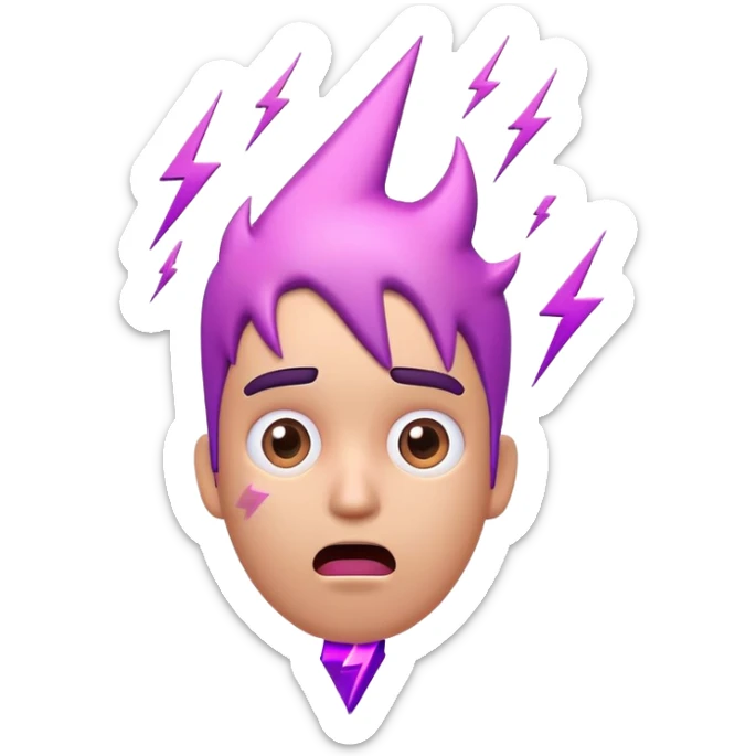 3D emoji of a confused character with lightning bolt and exclamation above head, purple/pink palette, worried face sticker