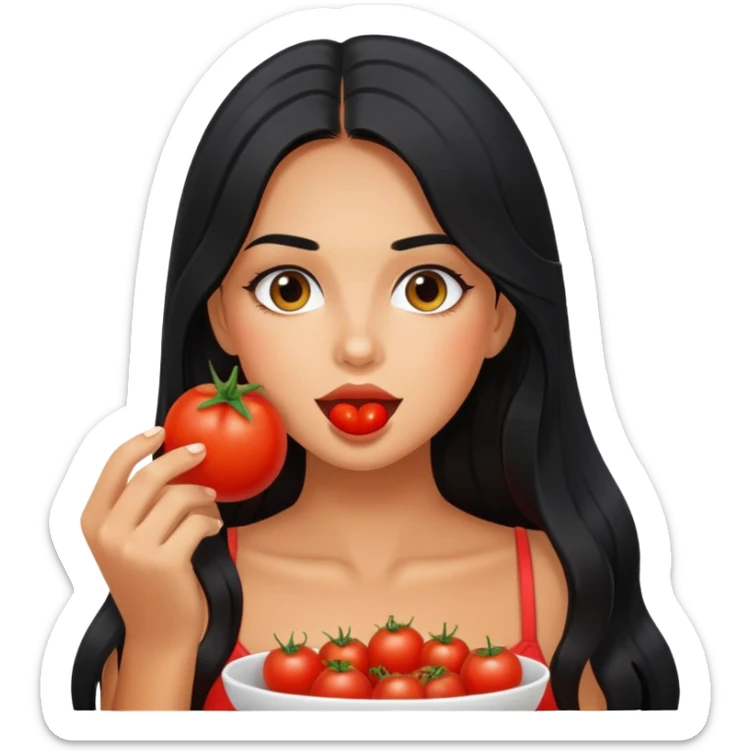 Pretty tanned girl with long black hair, eating tomatoes sticker