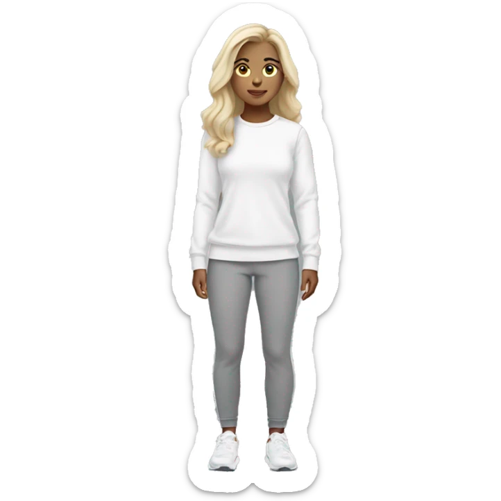 white raced, blonde hair with middle part, girl, long sleeve white lululemon shirt,  grey sweat pants  sticker