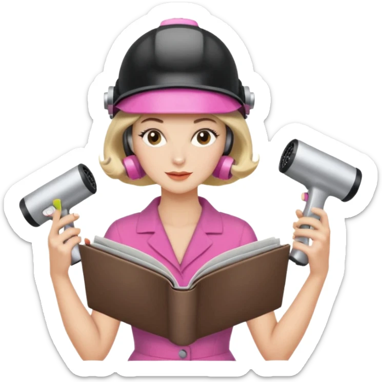 Emoji de mujer con casco secador, pelo recogido, rulos y leyendo revista cogiéndola con las dos manos estilo vintage chic sticker
