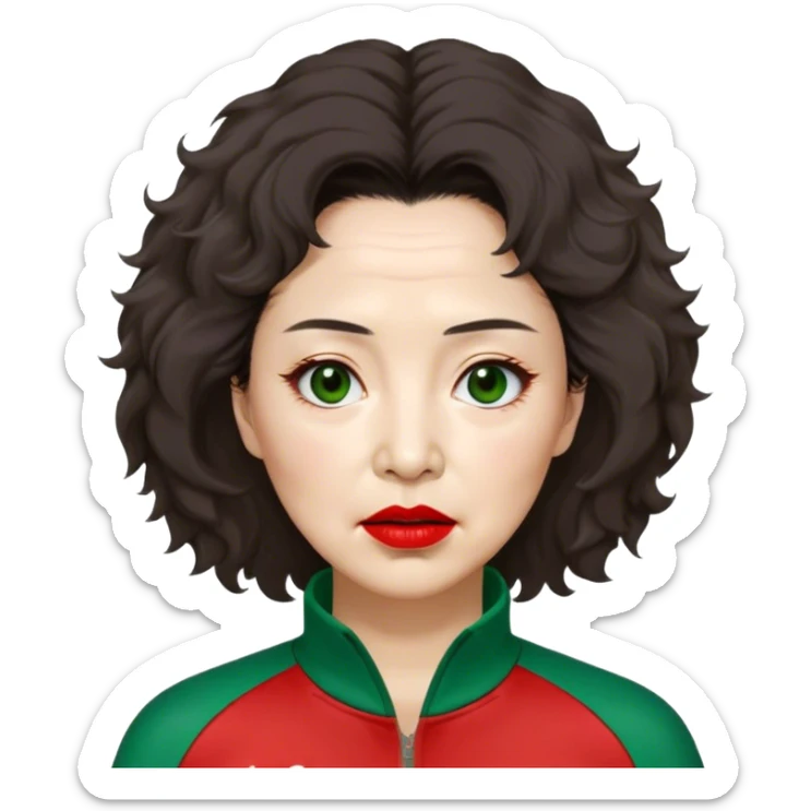 Han Mi-nyeo: Age Late 80s
Appearance: A crazy woman with many wrinkles face, frizzy, very messy dark brown hair and dramatic red lipstick.
Outfit: Green player tracksuit sticker