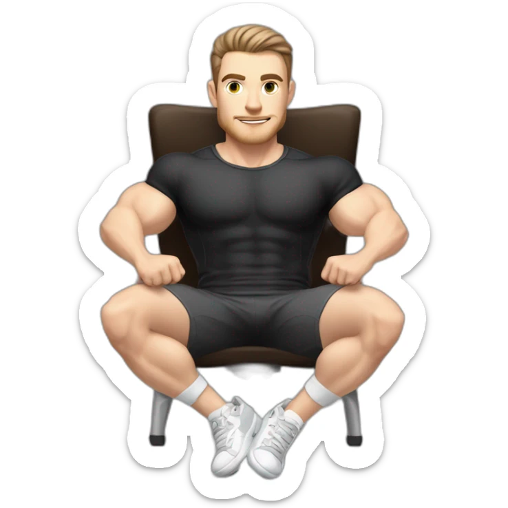 Pale skinned Fit Man With the biceps and dark brown hair in black shirt, gray sports shorts and white Sneakers Sitting on a chair sticker