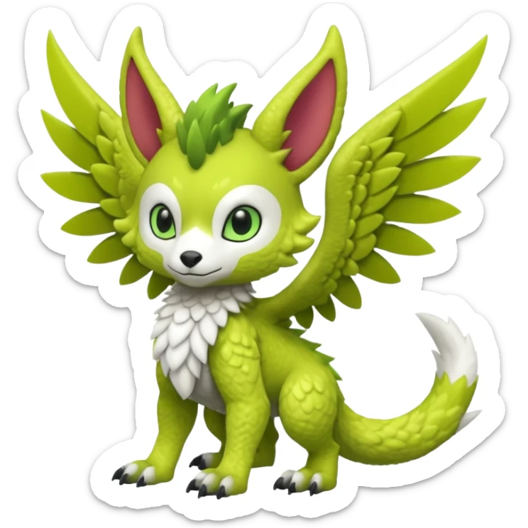Lime-green furry cute kawaii winged Fakémon-Trico-Scalie-Digimon-Sergal-Protogen-creature (full body) sticker