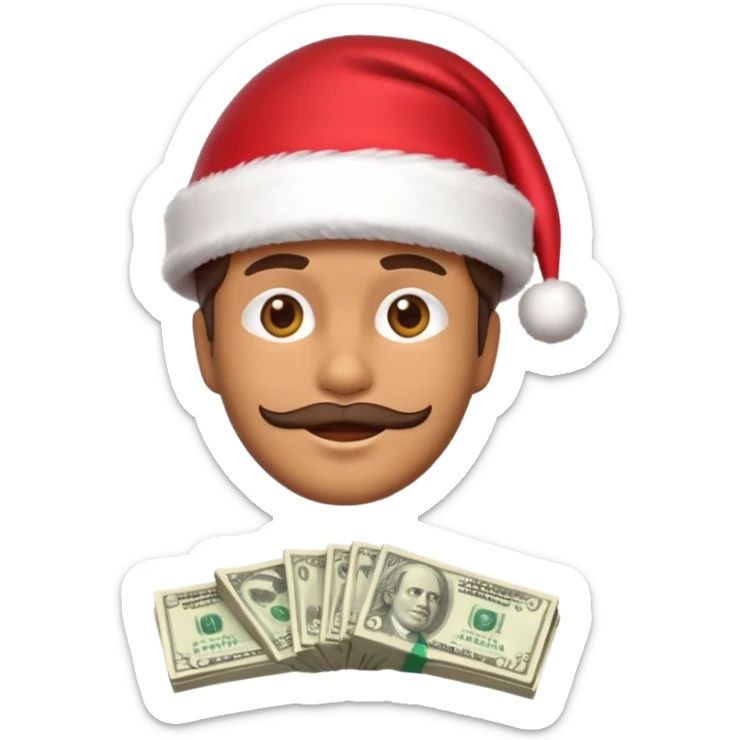 A confident rich emoji face wearing a Santa hat, money stacks, casino vibe, New Year theme, premium 3D emoji style, sharp details, no text, isolated on transparent background sticker