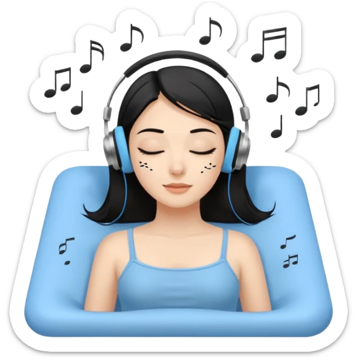 A stylized young woman with black hair lying on a massage table, relaxed, wearing headphones, small musical notes around the head. Flat vector style, thick black outline, simple palette (warm beige-brown tones + accent blue), clean background, high legibility at small size. 72x72, square, vector. sticker
