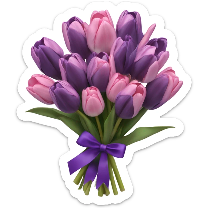 beautiful aesthetic bouquet composed of dark purple and light pink tulips tied with a silk purple ribbon sticker