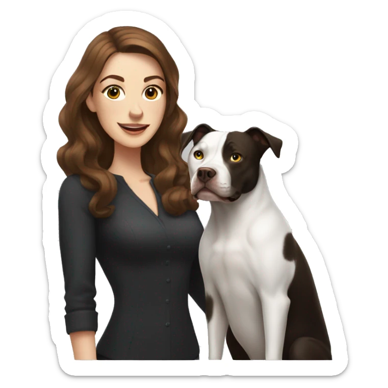 white woman with long brown hair and cat shaped eyes standing alongside a happy black pitbull  sticker