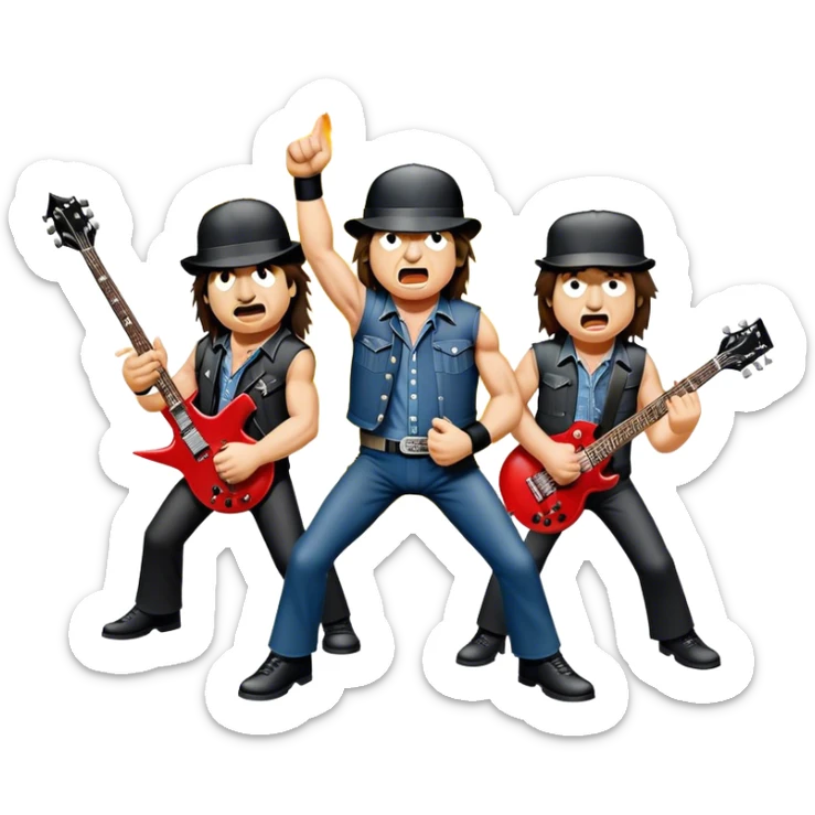 Cinematic Realistic AC/DC Band Emoji, depicted as a high-energy rock ensemble with electrifying stage presence and gritty textures, rendered with bold vibrant lighting that captures the raw power and rebellious spirit of their music. sticker