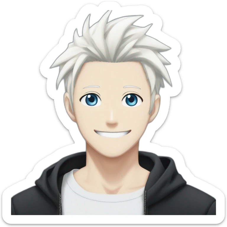gojo satoru from jujutsu kaisen with white manga hair style, blue sky eyes and wear a black tight tshirt smiling sticker