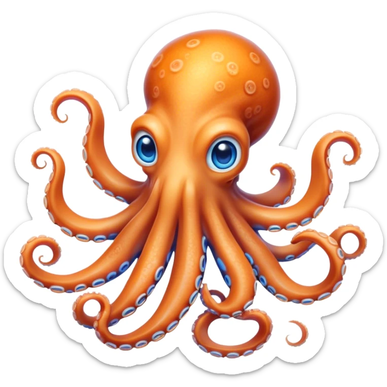 Cinematic Noble Octopus Portrait Emoji, Poised and enchanting, with a light orange body adorned with vibrant blue rings and eight delightfully curling arms with gentle suckers, large sparkling eyes exuding warmth and playfulness, Simplified yet charmingly expressive features, highly detailed, glowing with a soft, magical underwater radiance, high shine, intelligent and irresistibly cute, stylized with an air of whimsical marine enchantment, focused and fluid, soft glowing outline, capturing the essence of a watchful and endearing octopus that appears ready to float out of the screen with delightful charm! sticker