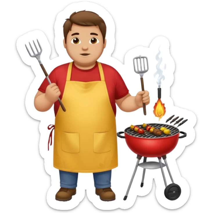 chubby man messy hair and dirty yellow shirt and a red apron grilling bbq and skewers on a sizzling grill sticker