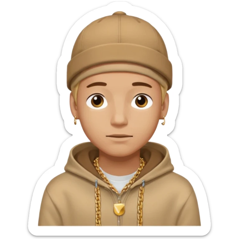 {
  "type": "human",
  "look": "male, tan hoodie, brown cap, gold jewelry, calm face, front view",
  "description": "a young man wearing a hoodie and cap, looking relaxed and confident"
} sticker