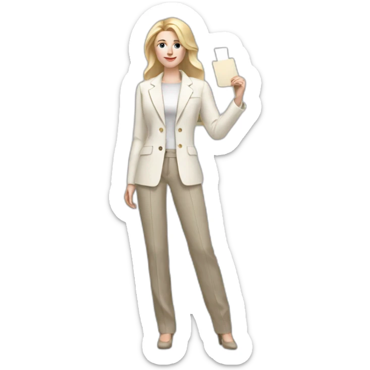 Full height pale skin woman with blonde Straightened Hair to shoulders, White classical jacket, beige Arrow pants and gray blouse holding a color palette in the hands sticker