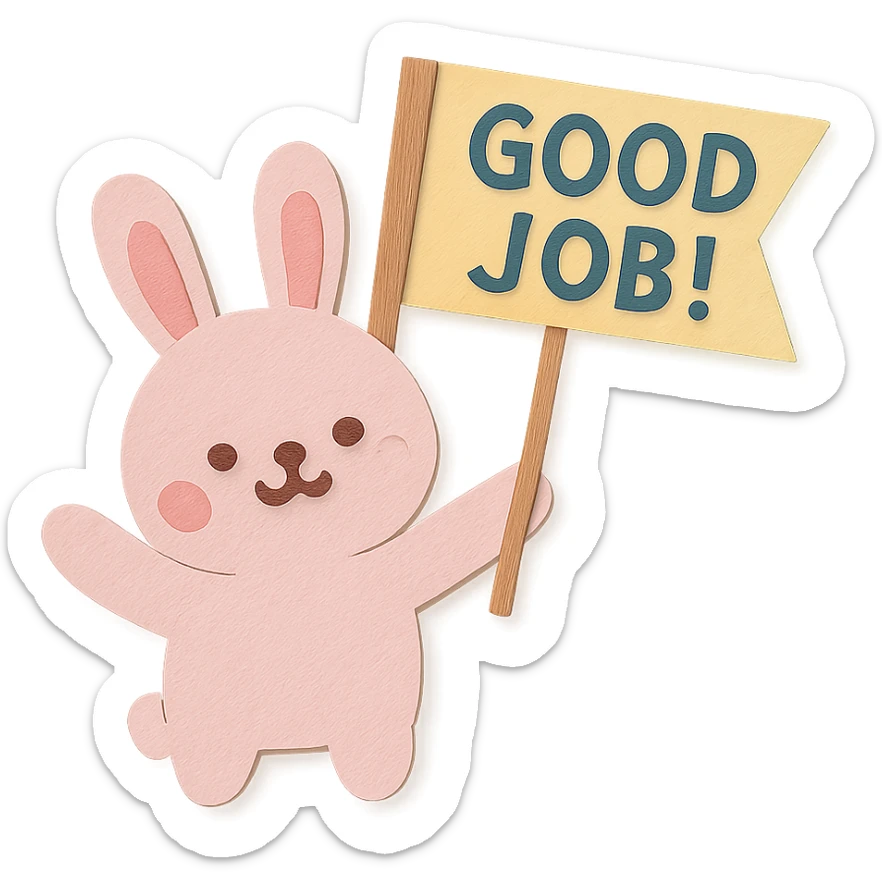 baby pink bunny waving a "Good Job!" flag, paper-craft style sticker