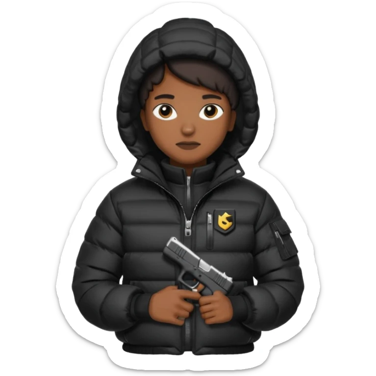 african american wearing a black puffer jacket with the hood on and holding a glock 26 sticker