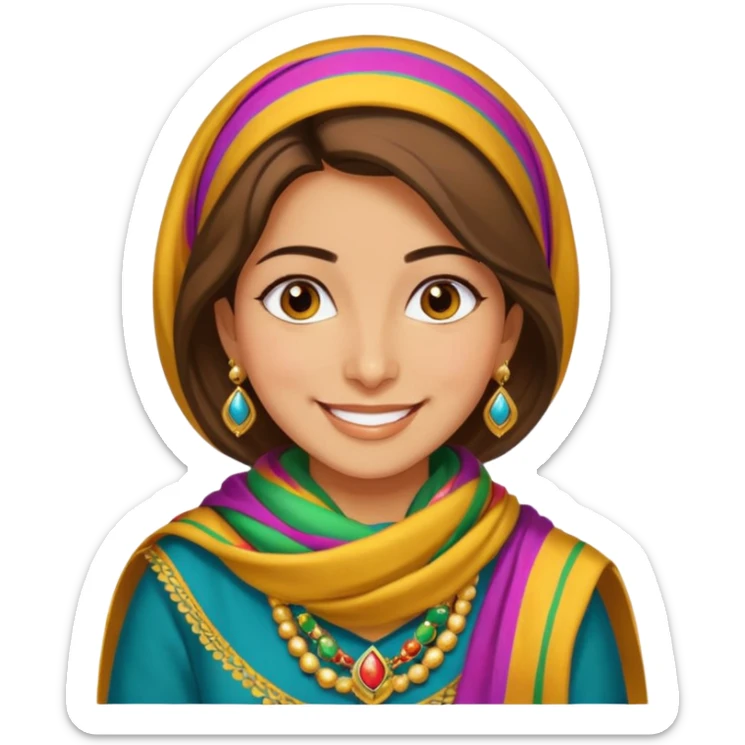 Kurdish woman in traditional dress, colorful scarf, gold jewelry, smiling, simple background sticker