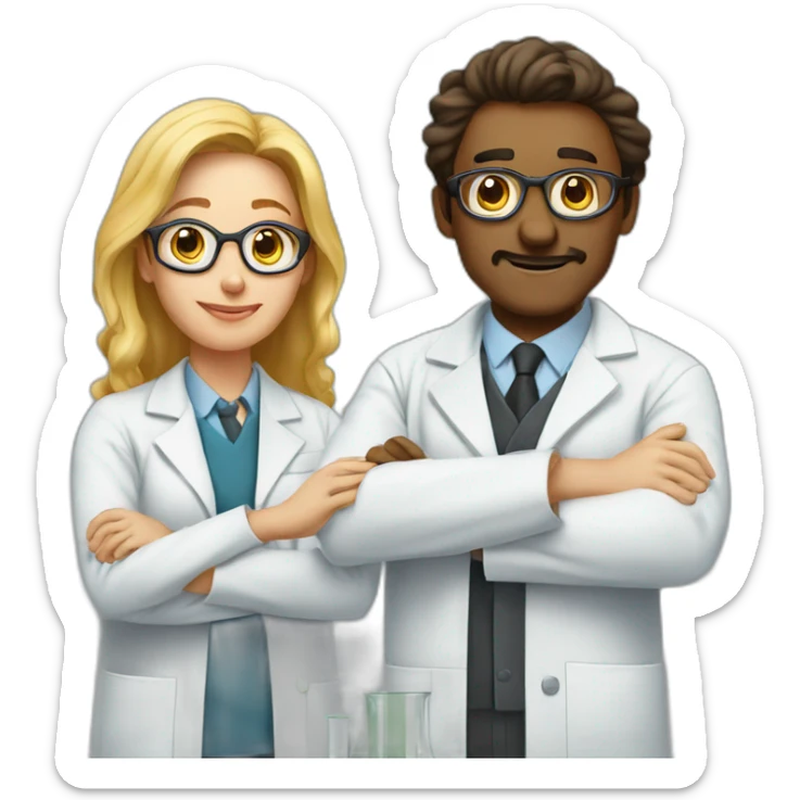 A pair of scientists in the middle of an experiment (one man and one woman) sticker