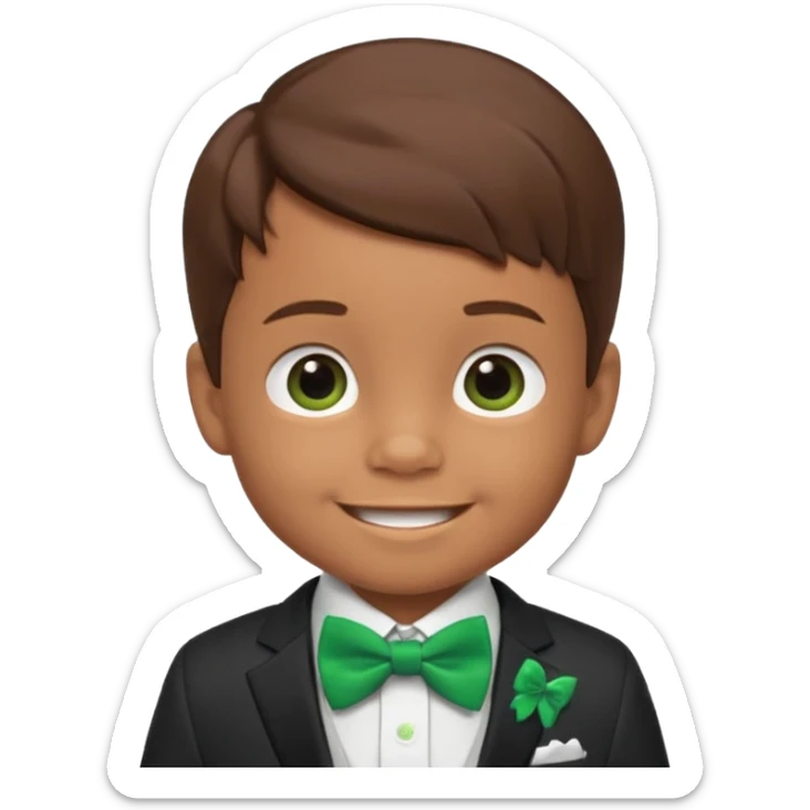 baby cute boy 5 years old, brown hair in suit, with green bow, smile sticker