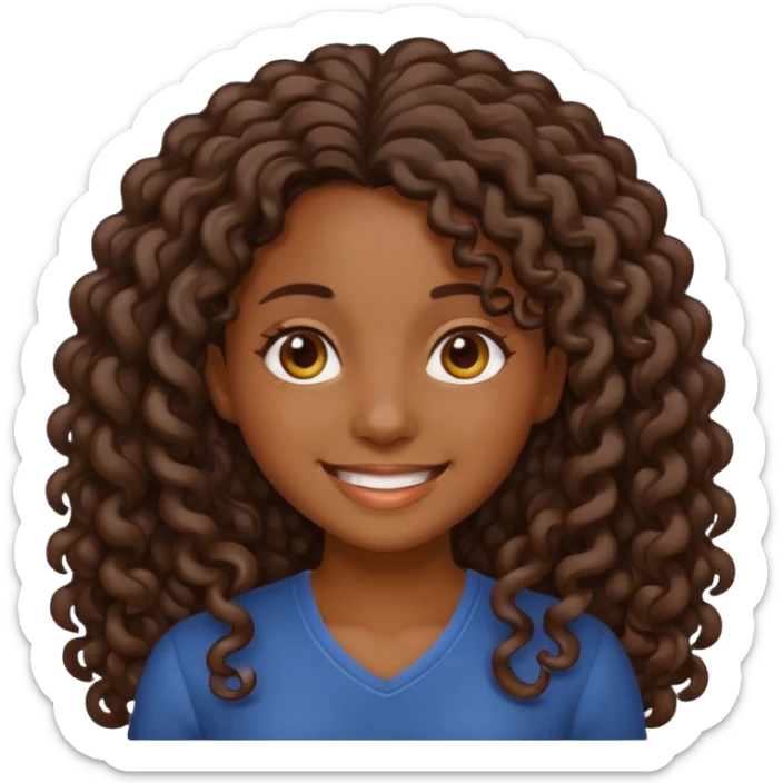 sticker style iPhone emoji of a dark-skinned girl with long curly hair, smiling, transparent background sticker