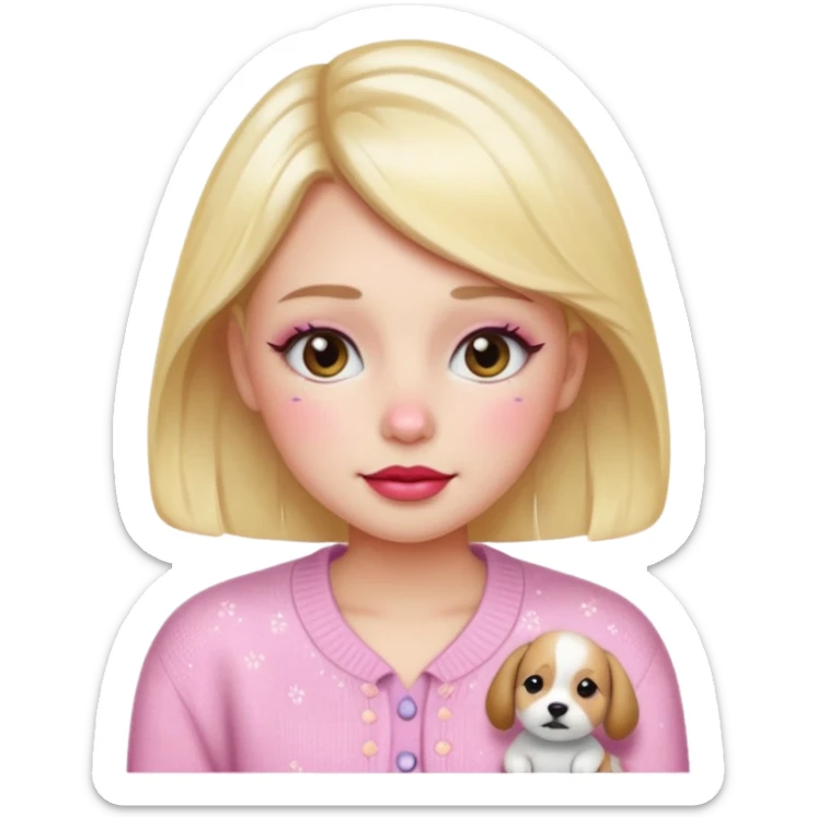 “Emoji girl, dewy skin, flushed blush across cheeks and nose, glossy cherry lips, soft puppy eyeliner, slightly teary sparkling eyes, wearing pastel cardigan.” sticker