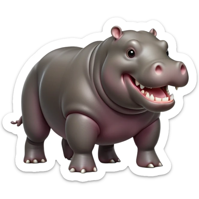 cinematic-hippo-realistic-full-body side view-standing on all fours-emoji,-massive-round-frame,-wide-mouthed-grin-exposing-huge-teeth,-head-tilted-dramatically,-thick-greyish-brown-hide-glossy-from-water,-simplified-yet-realistic-focused-features,-highly-detailed,-glowing-with-an-almost-sarcastic-glow showing only 4 theeth sticker