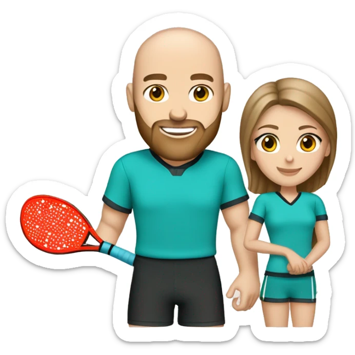 beautiful couple. woman, straight light brown hair, aqua eyes.  male, handsome, bald, beard, aqua eyes. Pickleball clothes  sticker