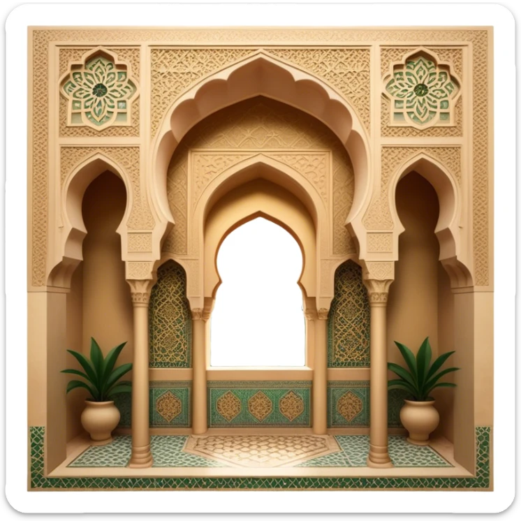 Alhambra – Cinematic Realistic Alhambra, depicted as a majestic Moorish palace with intricately carved arches, lush courtyards, and detailed tile work, bathed in soft golden light and dynamic shadows that highlight its opulent historical beauty. sticker