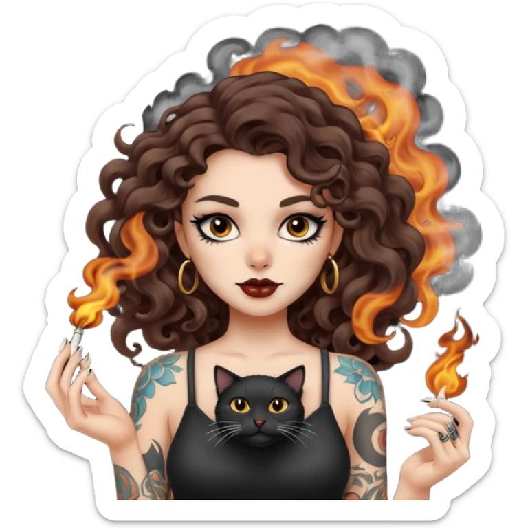 woman with long curly brown hair, brown eyes, white skin, tattoos, black cat turning into smoke and back sticker