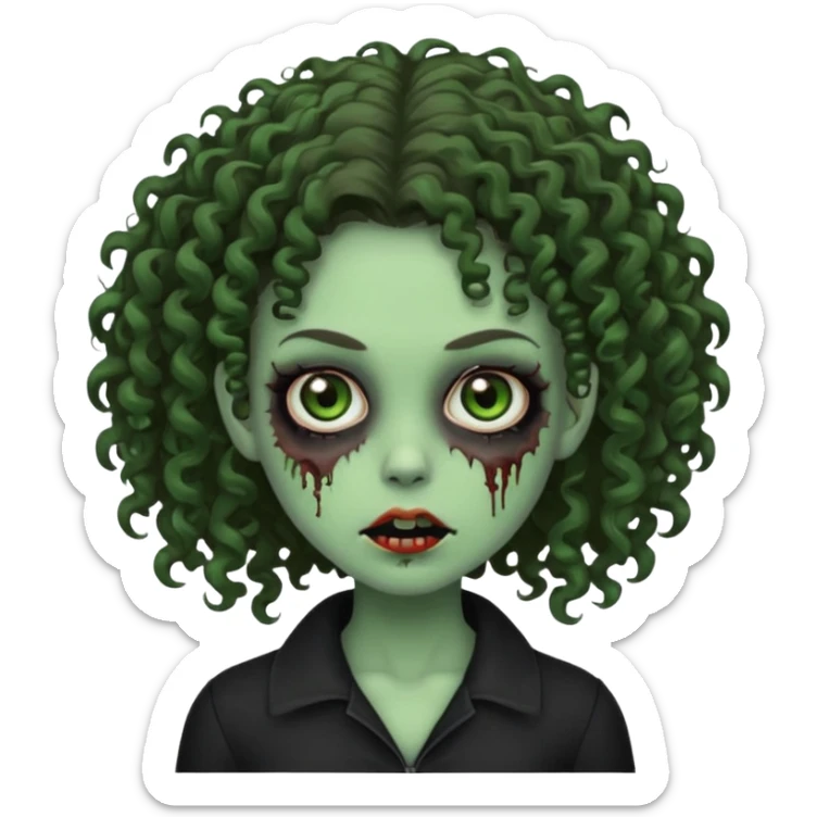 Brunette zombie girl in horror zombie green With curly hair and black clothes  sticker