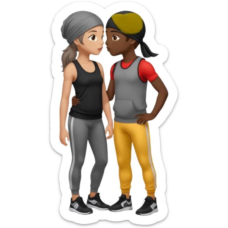 A girl with dark brown hair, light skin and blue wear black leggings and a black tank top kissing a boy with dark skin and a grey tracksuit wearing a du rag  sticker