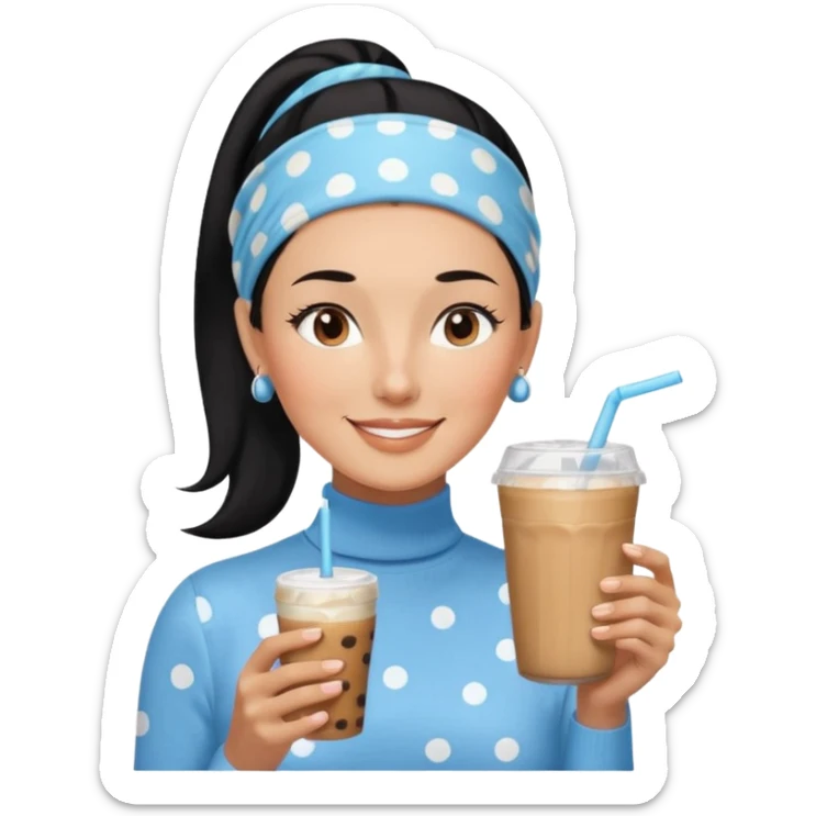  tan skin woman with long face, and very short black hair slicked back ponytail with forehead showing, with polka dot headband, wearing solid light blue turtleneck shirt, drinking iced coffee, smiling with middle parted hair sticker