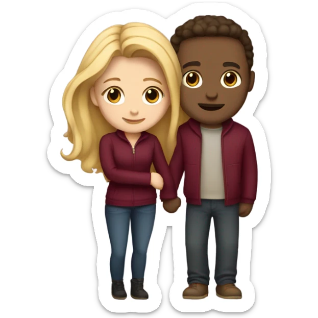 Cute couple hugging with burgundy clothes, she has blonde log hair and he has brown hair sticker