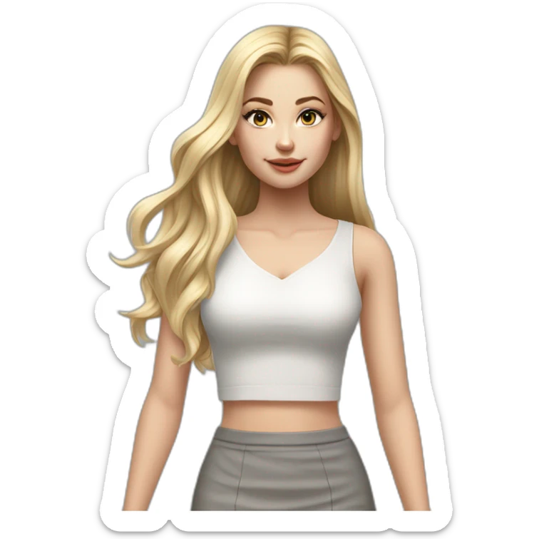 hyperrealist caucasian girl, long straight blonde hair, white v-neck laced crop top, grey mini pencil skirt sticker