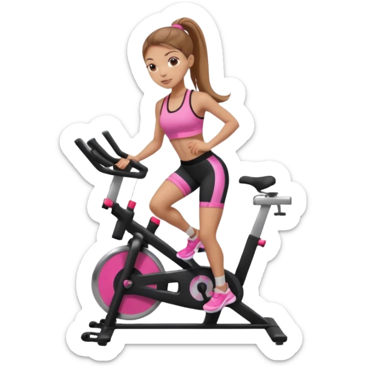 Light skin girl with long light brown hair in a pony tail, black workout set leaning on a indoor spin bike with NO HELMET, can we add a pink sports bra  sticker